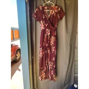 Miami Floral Maxi Dress Burgundy Romper Slit Front Wrap V-Neck Short Sleeve